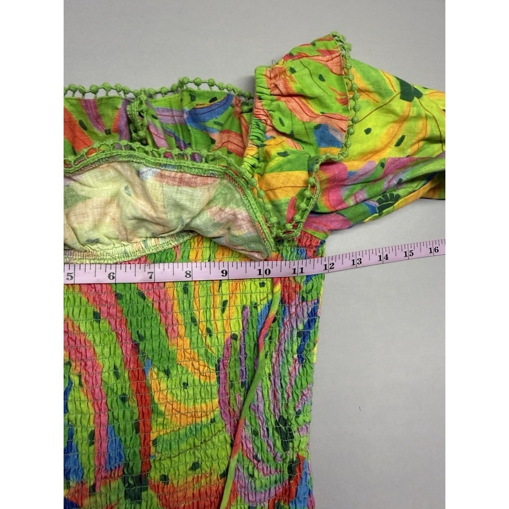 FARM Rio Neon Banana Print Off Shoulder Puff Sleeve Smocked Mini Dress XS - Picture 6 of 9